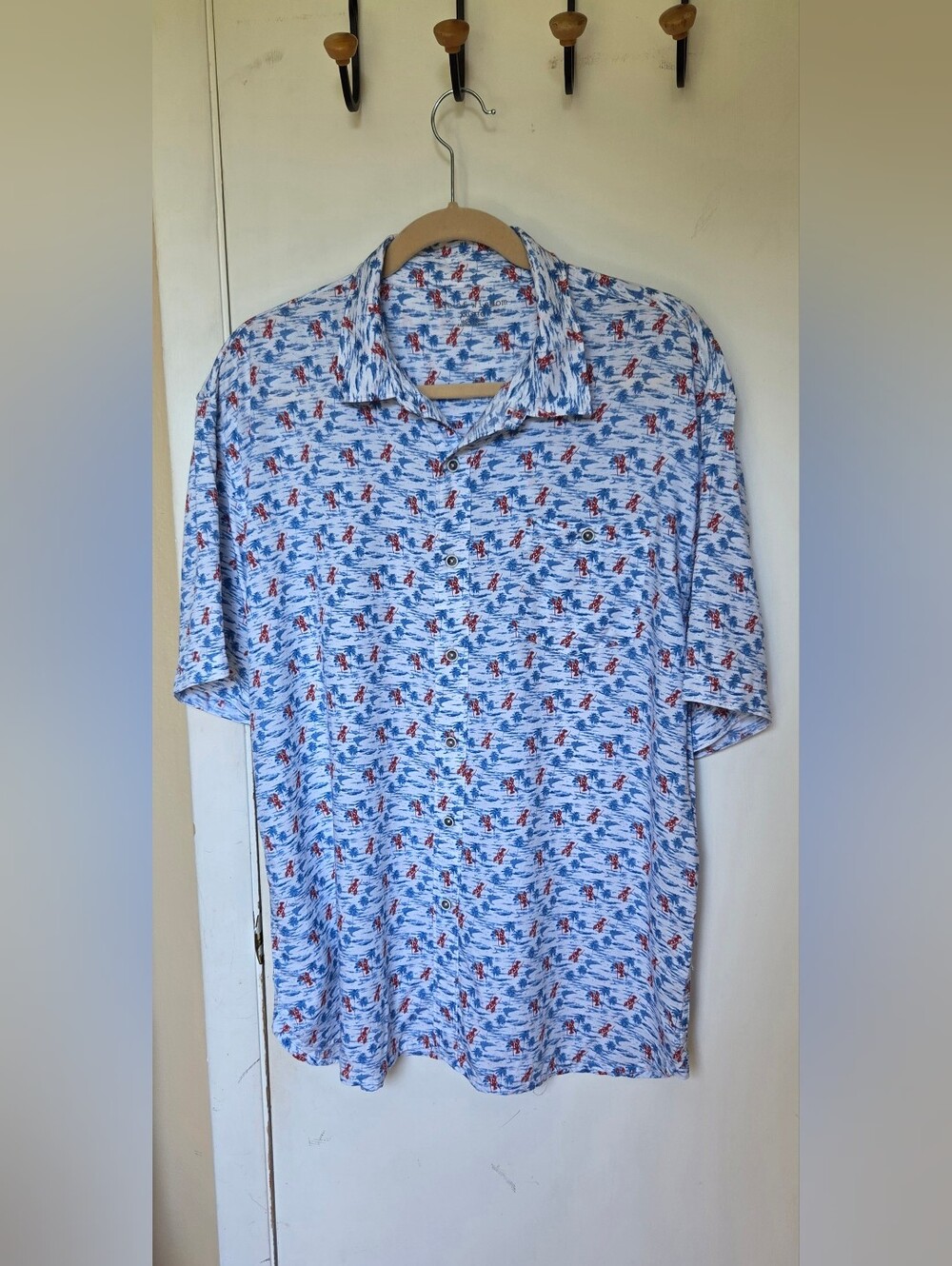 Age of Wisdom Mens XL Short Sleeve Shirt Button Up Lobster Blue Red Casual